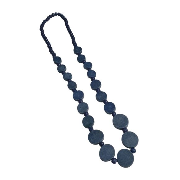 Blue Wooden Beaded Statement Necklace Disk Beads 30 Inch Long Minimalist Design - Picture 1 of 5